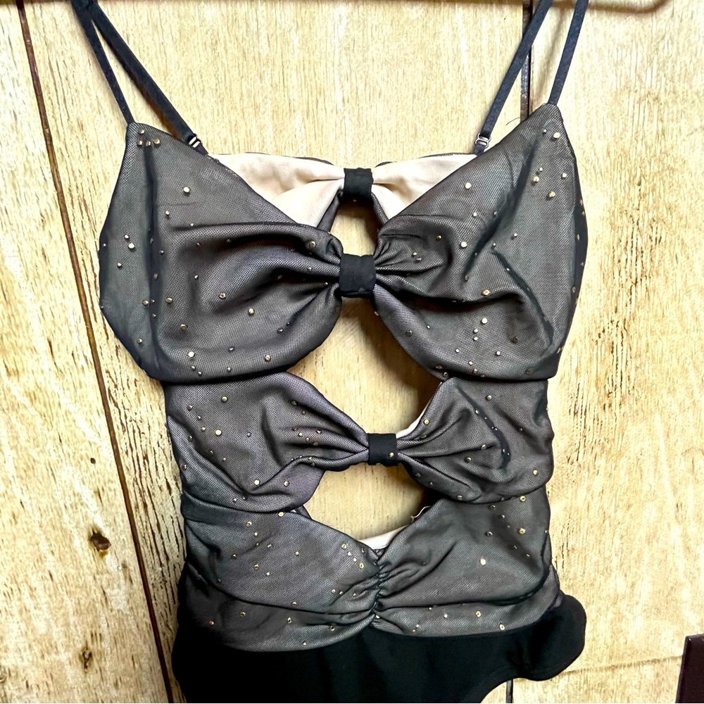 Black body suit cutouts bow ruching Lulus small gold flecks